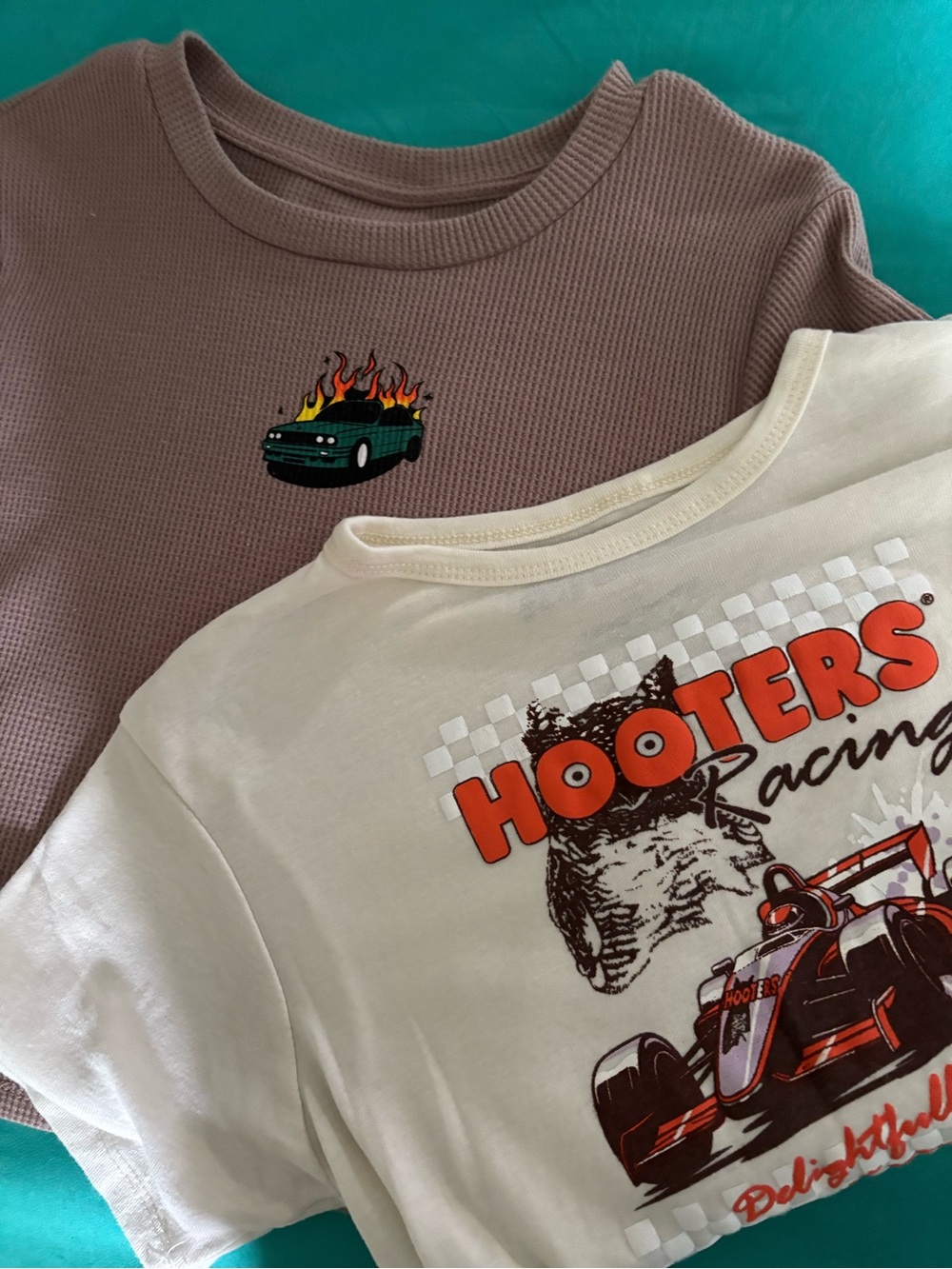 NWOT- SMALL. BMW Hooters Racin
 2 Graphic CROP Tees- White Hooters
Tan BMW